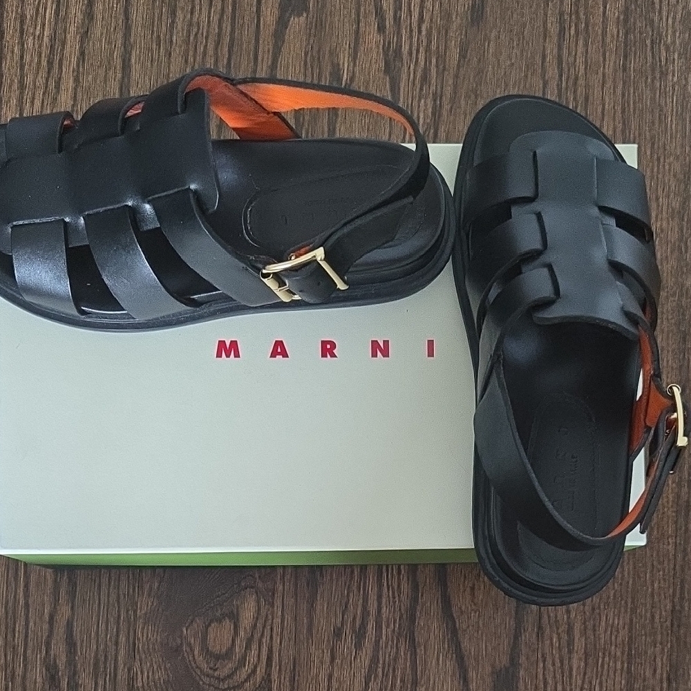 Marni Black Leather Fussbett Sandals with Orange Accent